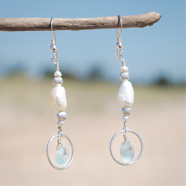 Aqua Blue Sea Glass + Baroque Pearl Circle Earrings